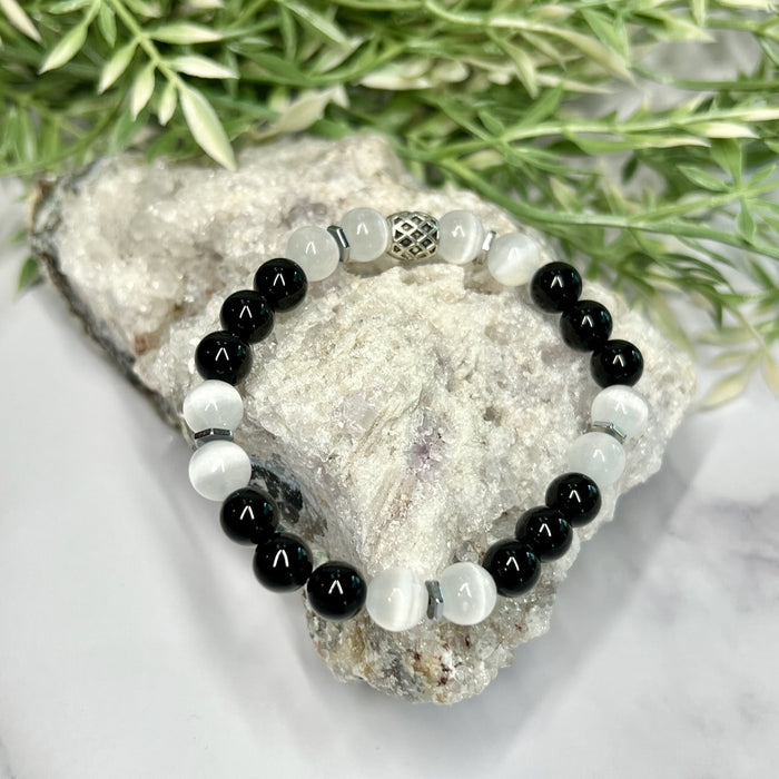 Selenite and Black Onyx Stretch Bracelet - Artisan Made