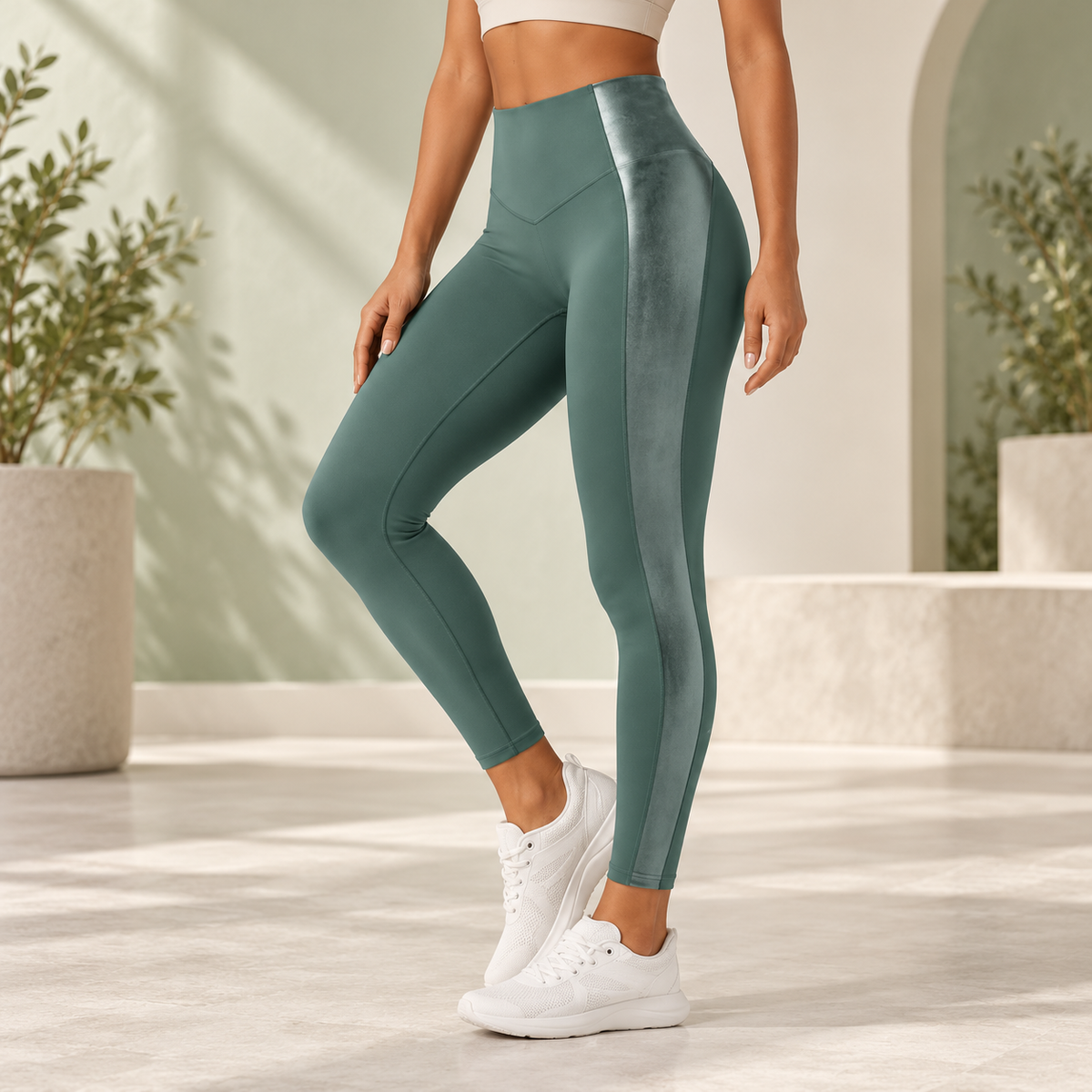 High Waisted Stretchy PU Tummy Control Yoga Leggings with Pocket