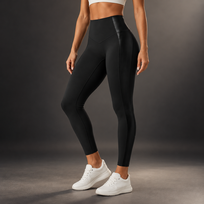 High Waisted Stretchy PU Tummy Control Yoga Leggings with Pocket