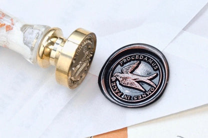 Swallow with Clover Latin Motto Wax Seal Stamp | S - Backtozero B20 - antique, bird, clover, latin, latin motto, Message, peace, positivity, Retro, Shamrock, Signature, signaturehandle