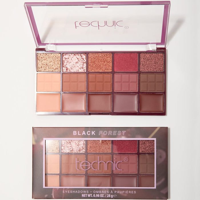 Open eyeshadow palettes from the brand Technic, labelled 'Black Forest ', displayed on a clean white background. The palette contains 15 warm-toned eyeshadow shades in neutral, bronze, pink, and brown tones.