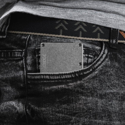 Stonewashed titanium Ridge money clip wallet shown from above with the card stack