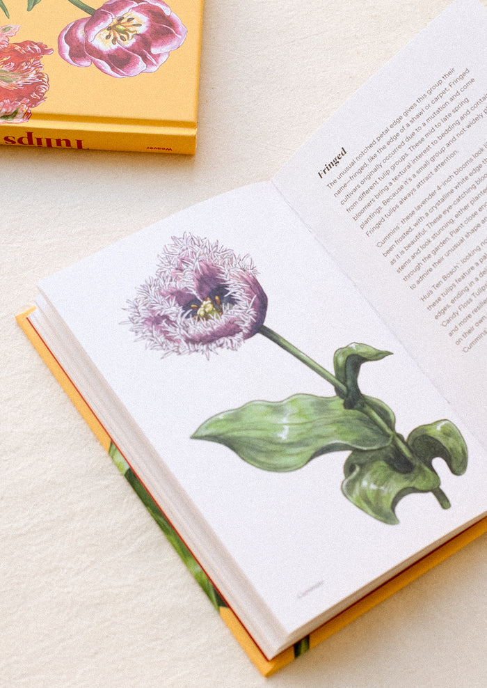 A small hardcover book in yellow titled "Tulips".