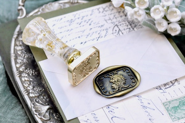 Unicorn Latin Motto Wax Seal Stamp - Backtozero B20 - antique, authentic, latin, latin motto, Message, motivation, Retro, rounded rectangle, Signature, signaturehandle