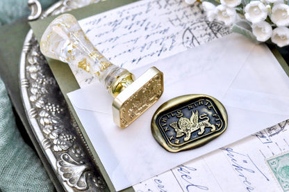 Winged Lion Latin Motto Wax Seal Stamp - Backtozero B20 - antique, dedication, latin, latin motto, lion, Message, Retro, rounded rectangle, Signature, signaturehandle, success, wings