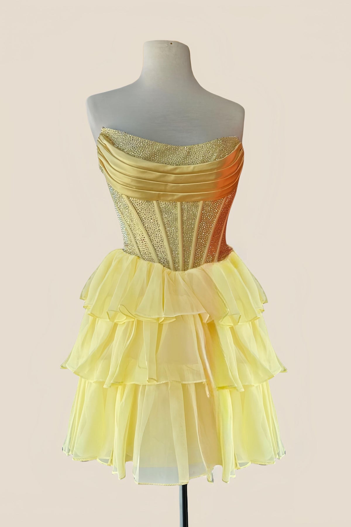 Yellow Beaded Ruffle A-line Short Dress
